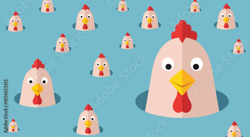 A multitude of cartoon chickens peek from holes in a light blue background, one larger chicken prominently featured.
