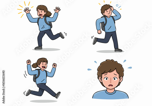 Illustrations of a Young Person Dealing with Stress, Panic, and Urgency