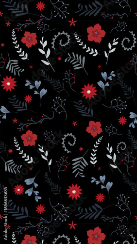Wallpaper Mural Charming dark floral pattern with red and blue accents, perfect for stylish designs Torontodigital.ca