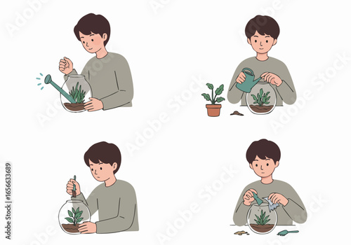 DIY Terrarium Creation Process Illustration: Plant Care and Gardening Hobby