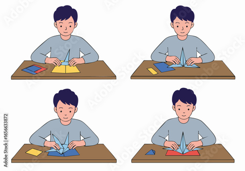 A step-by-step illustration showing a person's hands diligently folding colorful paper to create an intricate origami crane, demonstrating the traditional art of paper craft.