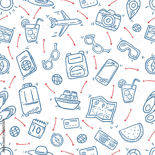 Seamless monochrome pattern on checkered paper. Icon set of elements for summer vacation travel, hand drawn vector doodles in line style. Line contour in sketch style.