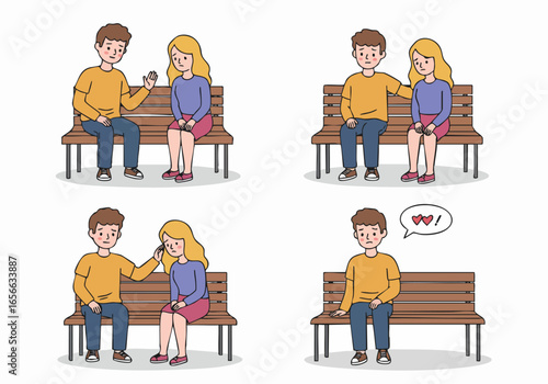 A man tries to console a sad woman on a bench, eventually experiencing heartbreak, illustrating unrequited love or relationship struggles.