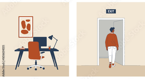A person leaving the office, walking towards the exit door, with a desk, computer, and artwork in the background, symbolizing the end of the work day