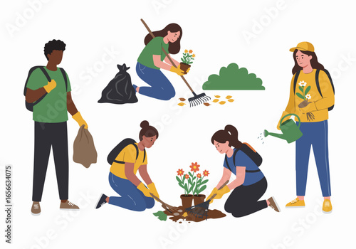 People volunteering for gardening and environmental cleanup. Diverse group planting flowers, raking leaves, and picking up trash to care for nature.