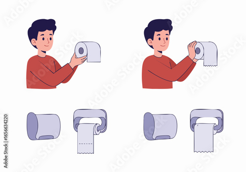 Man Demonstrating Toilet Paper Orientation: Over and Under Methods for Proper Roll Placement in Bathroom Hygiene