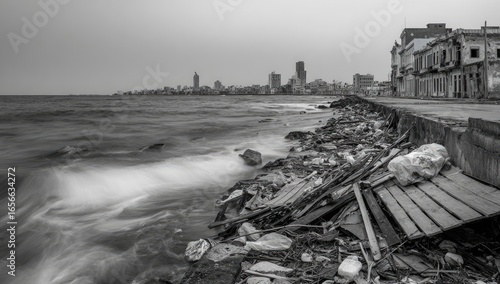 Gray shoreline littered with debris, overlooking a city skyline