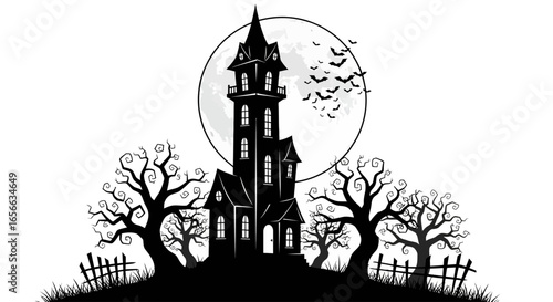 Haunted Tower House Silhouette with Moon and Bats
