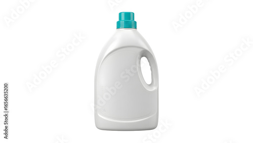 White plastic detergent bottle with blue cap; isolated on a transparent background with soft shadowing