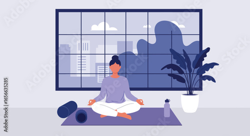 A woman practicing meditation and yoga for mindfulness, relaxation, and inner peace, promoting wellness and a healthy lifestyle, vector illustration