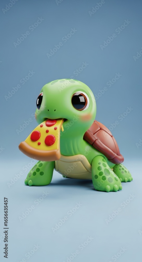 Obraz premium Charming Animated Turtle Character Enjoying a Slice of Pizza Against a Soft Blue Backdrop
