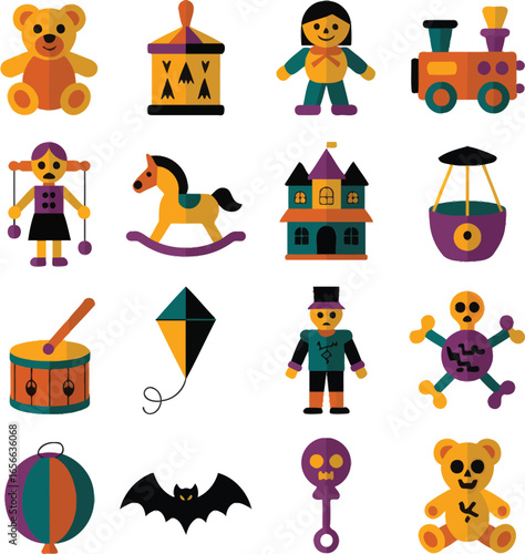 Haunted and creepy toys flat icon set. Spooky vector symbols for a Halloween or horror theme.

