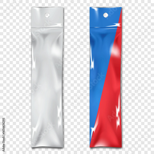 Clear plastic hanging stick pack pouch. Blank white and color design. Realistic vector mockup. Empty long poly bag packaging. 3d mock-up. Transparent PVC packet package. Easy editable template