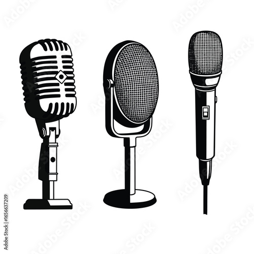 Three vintage microphones in black and white silhouette