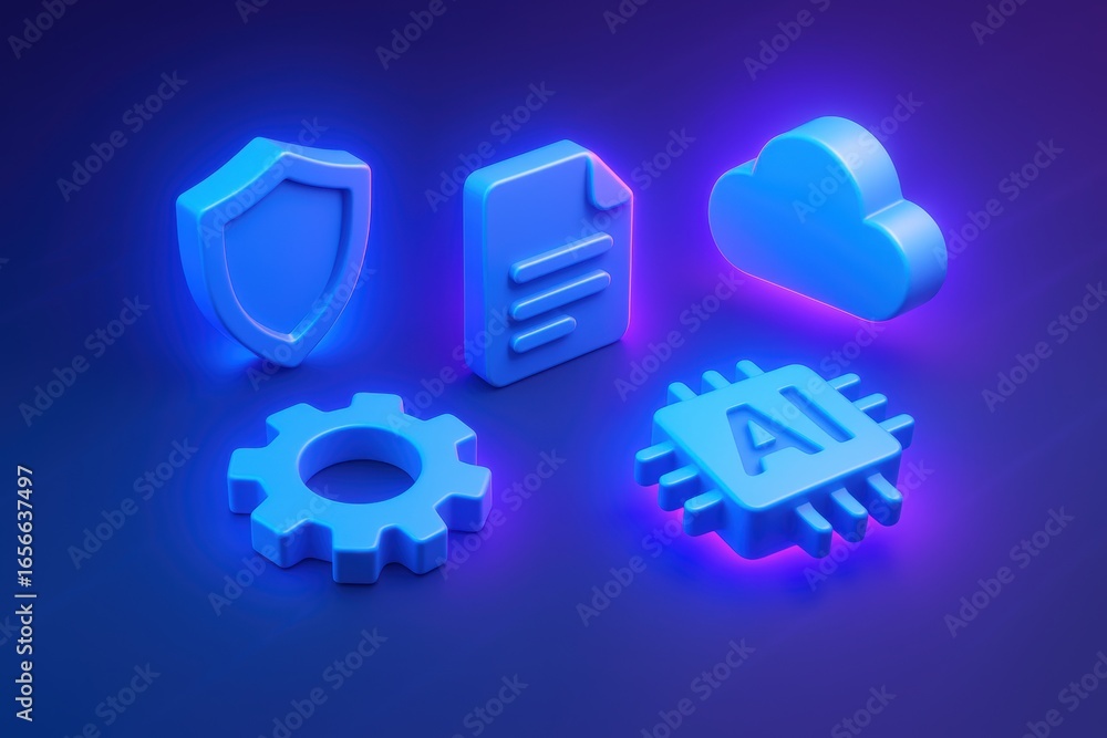 Fototapeta premium Digital Age Icons: An array of sleek, neon-blue icons representing the core elements of the digital age, set against a gradient backdrop, symbolizing connectivity and innovation. 