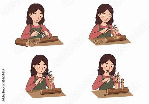 A series of illustrations showing a woman engaged in the artistic process of wood carving, transforming logs into detailed figures with tools and skill.