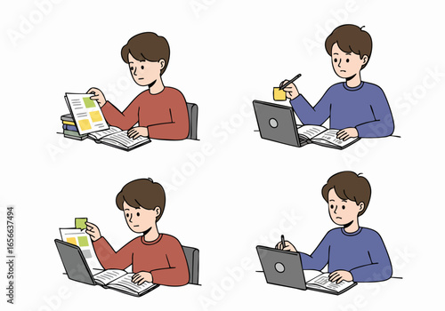 Young man studying and working with books and a laptop, illustrating modern education, remote work, and focused learning.