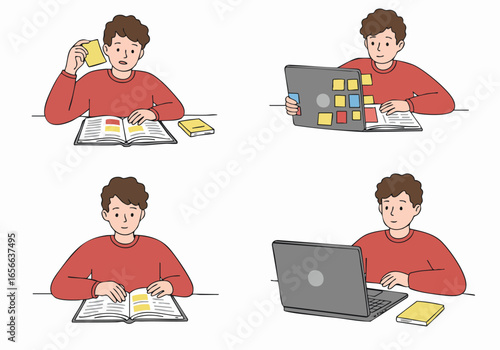 Young man showcasing diverse study methods: reading books, using sticky notes, organizing with a tablet, and working on a laptop for effective learning.