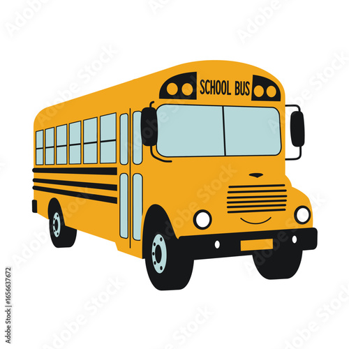 Yellow school bus with a smiling face on a white background Keywords: school bus, yellow bus, transportation, education, students, children
