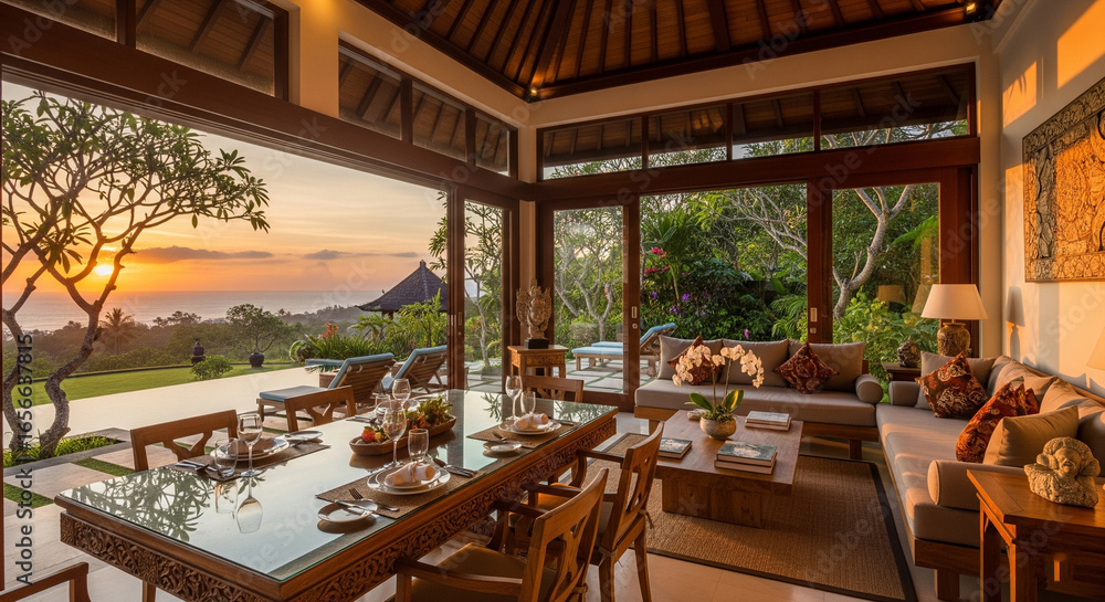 Fototapeta premium Balinese style dining and living area with open doors to a tropical sunset view.