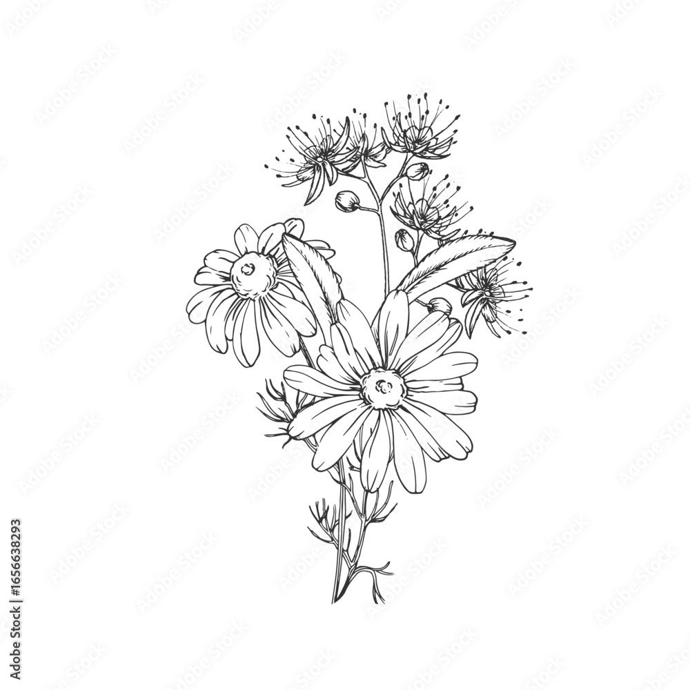 Obraz premium Calming tea herbs vector illustration hand drawn in ink. Graphic image with chamomile, linden. Template for design of herbal tea and aromatic oils