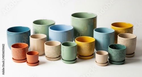 A colorful collection of assorted ceramic plant pots and planters in various sizes and pastel colors isolated on a clean white background