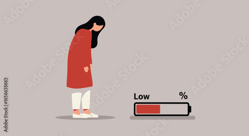A woman experiences burnout, feeling exhausted and depleted, with her energy levels at a low 1, symbolizing the challenges of mental health and stress