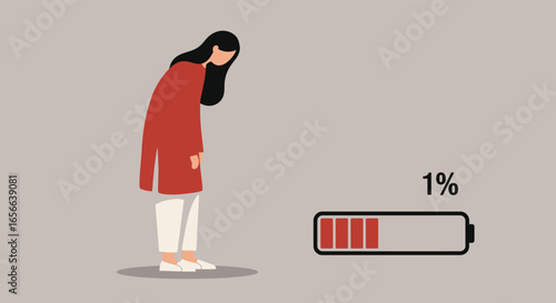 A woman experiences burnout, feeling exhausted and depleted, with her energy levels at a low 1, symbolizing the challenges of mental health and stress