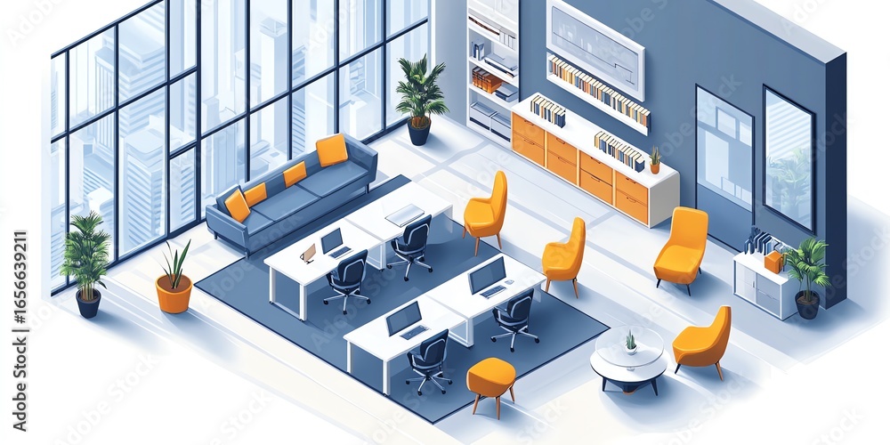 Modern Office Conference Room with Bright Yellow Chairs Large Windows and Bookshelves Modern Office Conference Room with Bright Yellow Chairs Large Windows and Bookshelves