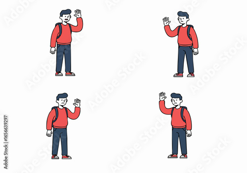 Four cartoon illustrations of a young male student with a backpack making a stop or rejection hand gesture, expressing denial, refusal, or concern.