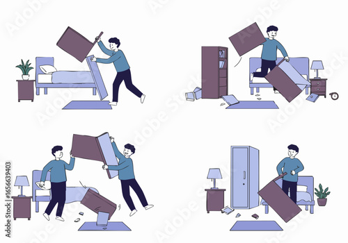 Man struggling to move heavy furniture, causing chaos and disarray in his home, illustrated in a series of messy scenarios.