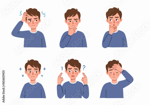 Young man vector illustration set showing various states of confusion, thought, and worry.