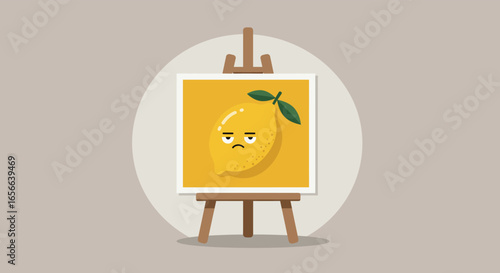 A lemon painting on an easel, showcasing a sarcastic and cynical expression, reflecting a critical and skeptical view of the world