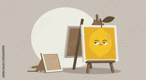 A lemon painting on an easel, showcasing a sarcastic and cynical expression, reflecting a critical and skeptical view of the world