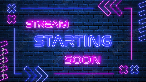 Obraz na plátně stream starting soon neon lights text and border frame on blue brick wall, strea