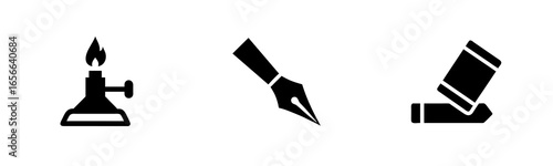 Icons a Bunsen burner a fountain pen an eraser science education