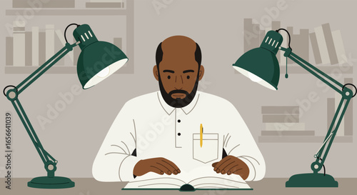 A man is reading a book at his desk with two lamps illuminating the pages, creating a cozy and focused atmosphere for learning and study