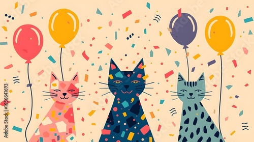 Celebratory Party with Cats and Balloons