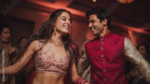 Happy indian couple dancing joyfully during their wedding reception.