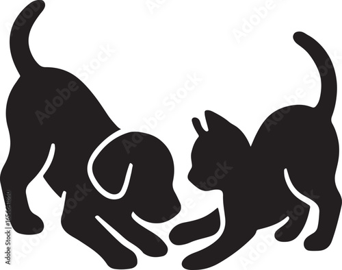 Silhouette of two pets playing, ideal for animals, pet care, fun, and playful designs.