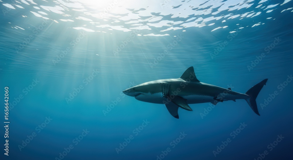 Obraz premium Majestic Great White Shark Swimming in Deep Blue Ocean with Sun Rays