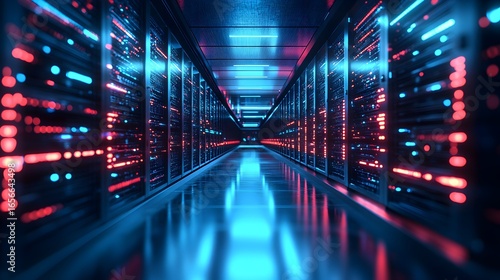 A long hallway with blue and red lights