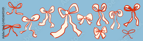 Ribbon bow knots hand drawn scribble design elements set. Hand-drawn whimsical doodle coquette stickers with chalk, charcoal, wax crayons texture. Naive abstract retro vector illustration isolated