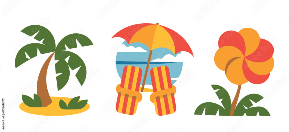 Naklejka premium Vibrant summer vacation montage: palm tree, beach umbrella, flip-flops, and abstract flower.