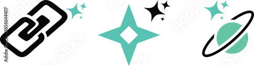 AI in blockchain icons, artificial intelligence star logo, futuristic digital icons