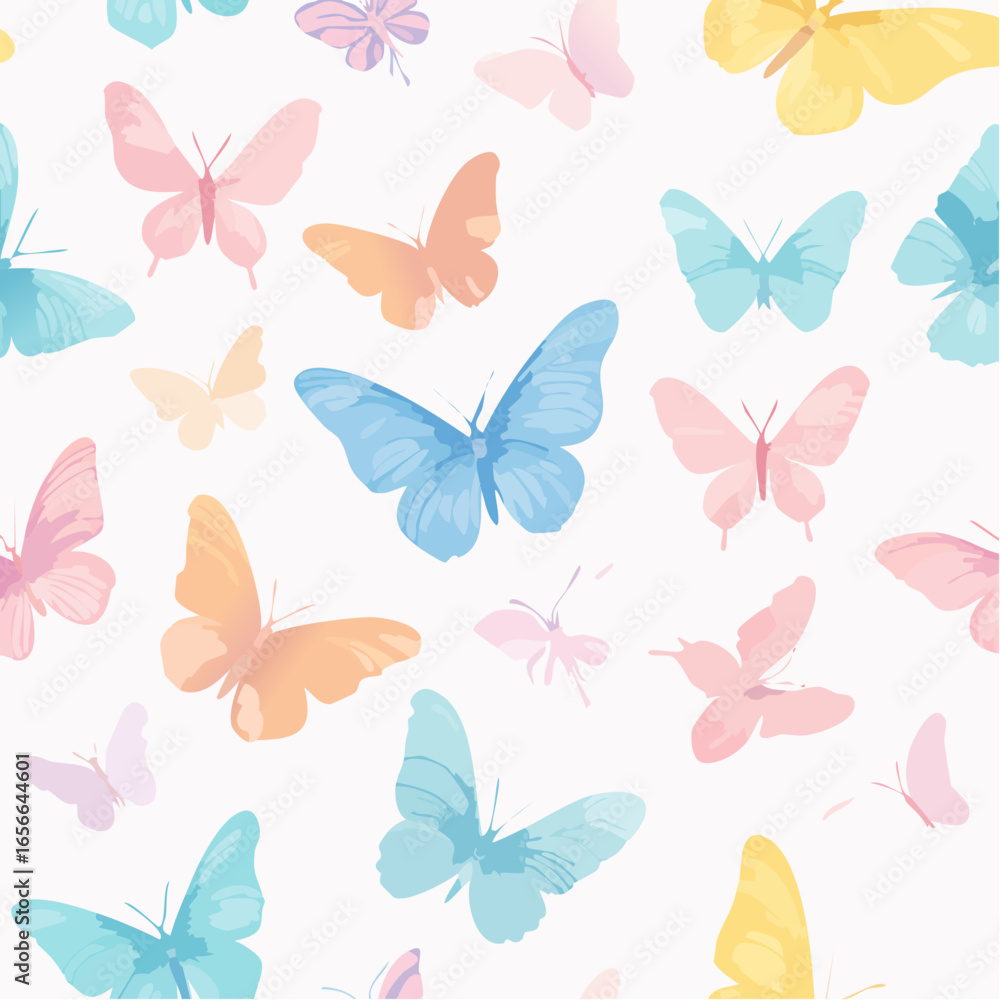 Fototapeta premium Soft seamless butterfly pattern in pastel gradient colors on white, great for fabrics, wallpapers, wrapping paper, stationery, and elegant spring vector art.