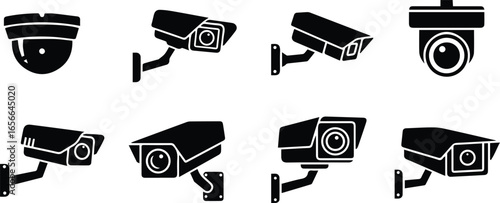  collection of security camera icons, depicting various types of surveillance equipment for monitoring and protection in different environments such as buildings and streets