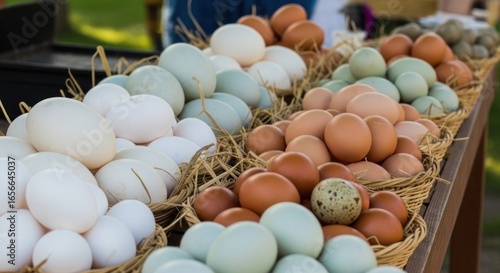 A vibrant collection of fresh, multi-colored farm eggs, including blue, green, and brown, displayed in rustic baskets.