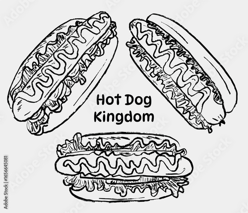 Tasty and delicious hot dog with salad and ketchup sauce in brush stroke texture isolated on white. Hand drawn vector sketch illustration in vintage charcoal ink. Craft menu, logo design