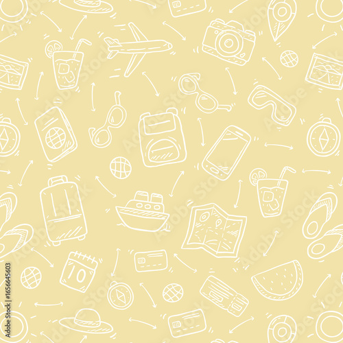 Seamless monochrome pattern on checkered paper. Icon set of elements for summer vacation travel, hand drawn vector doodles in line style. Line contour in sketch style.